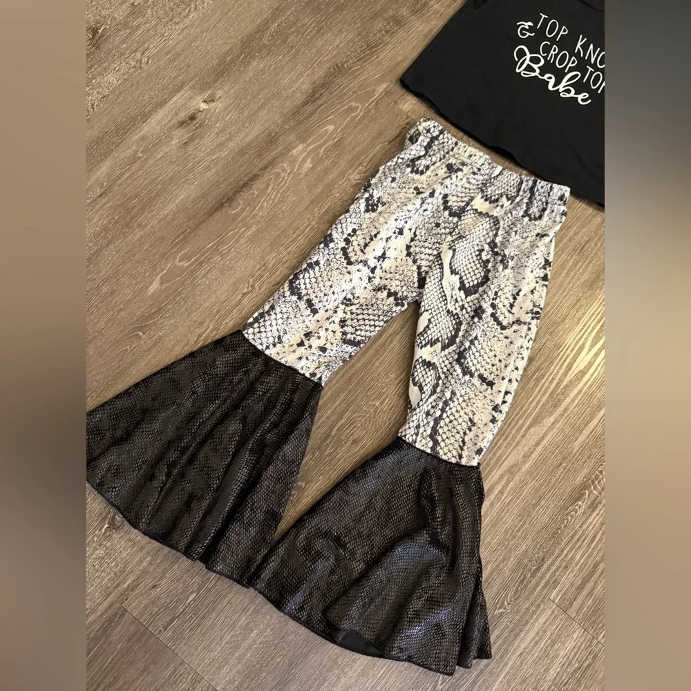 Trendy Black and Snake Print Flared Bell Pants  with Long Sleeve Crop Kids Set